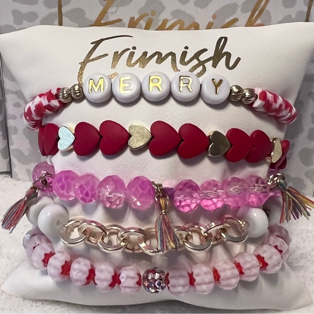 Brand New ERIMISH Gem Jams Kids Bracelets 5 pc Stack Valentine Red, Pink & White